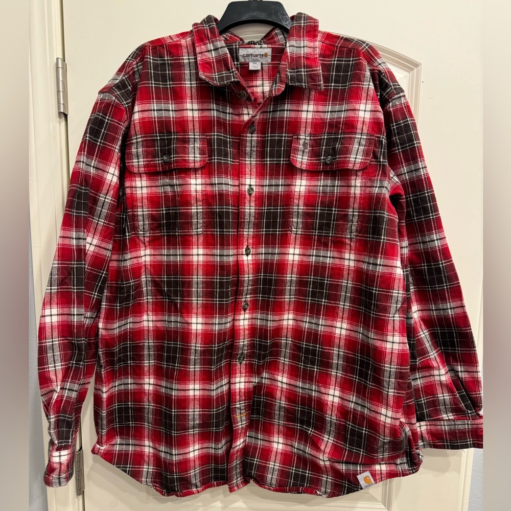 Carhartt Men 2XL Plaid Flannel Red Long Sleeve Rugged Outdoor Button Down Shirt